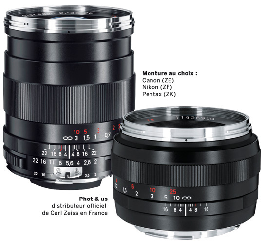 Le Zeiss Distagon 35 mm f2 (à gauche) • Le Zeiss Planar 50 mm 1.4 (à droite) Le Zeiss Distagon 35 mm f2 (à gauche) • Le Zeiss Planar 50 mm 1.4 (à droite)