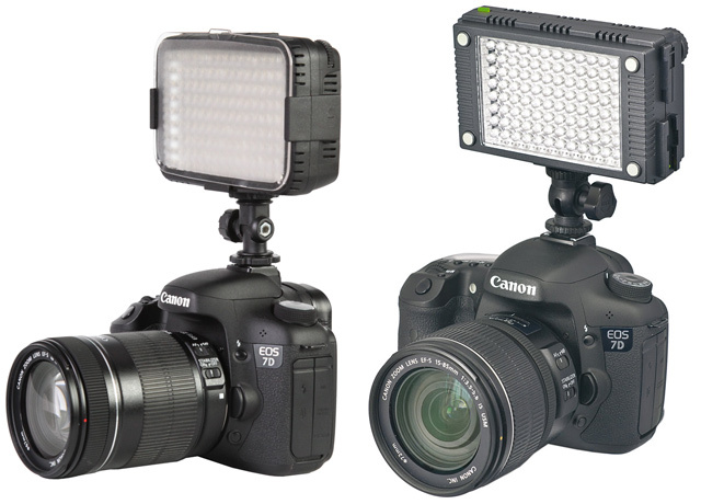 À gauche : Canon Eos 7D et torche à leds Ledgo CN B144 © PBS Vidéo • À droite : Canon Eos 7D et torche Kaiser StarCluster montée © Kaiser À gauche : Canon Eos 7D et torche à leds Ledgo CN B144 © PBS Vidéo • À droite : Canon Eos 7D et torche Kaiser StarCluster montée © Kaiser
