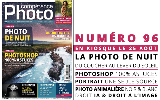 Compétence Photo Numéro 96 : Photo de nuit • Photoshop 100% Astuces • Adobe Firefly • Portrait avec une source • Photo animalière en noir & blanc