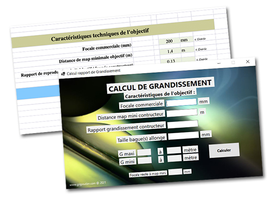 Captures d'écran du calculateur de grossissement (format Excel et programme compatible Windows)