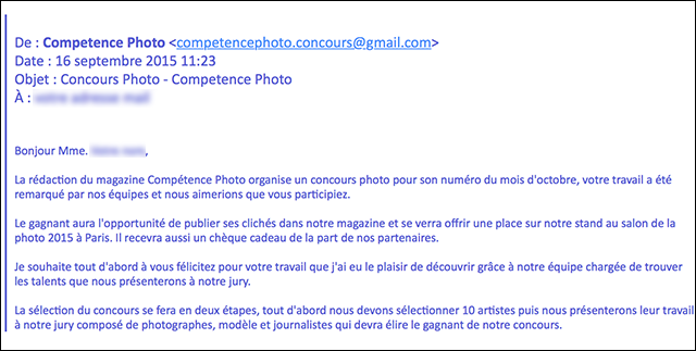 Avertissement : mail frauduleux et tentative de vol de photos